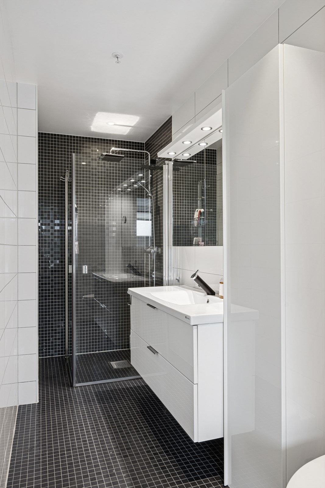 Det private badet tilknyttet soverommet er innredet med dusjhjørne, toalett, servant, speil og skap. Galleribilde