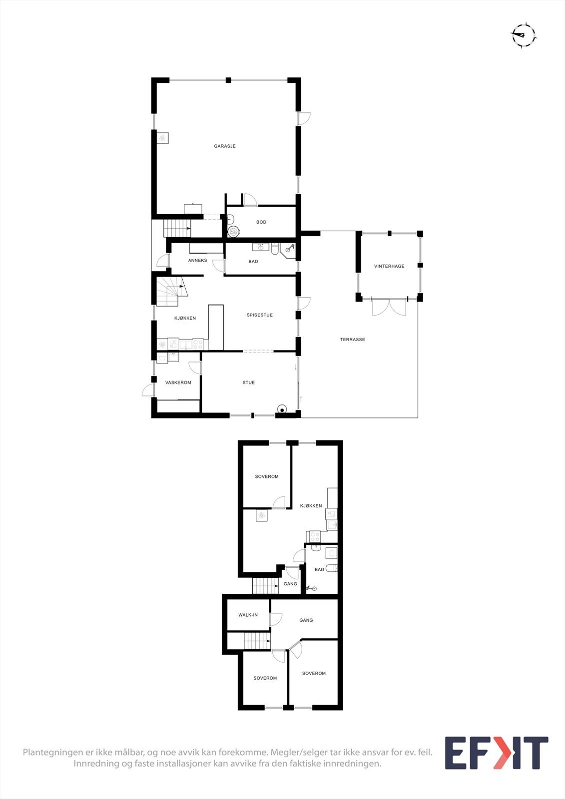 Plantegningen viser boligens totale planløsning, inkludert hybelleiligheten med egen stue/kjøkken, bad og soverom. Galleribilde