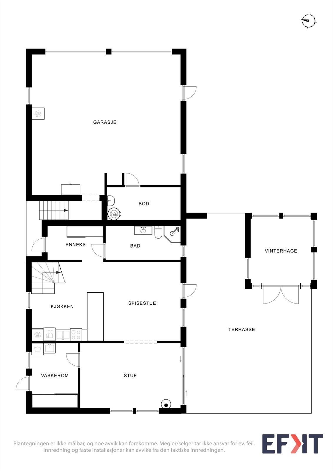 Første etasje har et bruksareal på 71 m² med en planløsning som inkluderer entré, stue, kjøkken, bad og vaskerom. Galleribilde