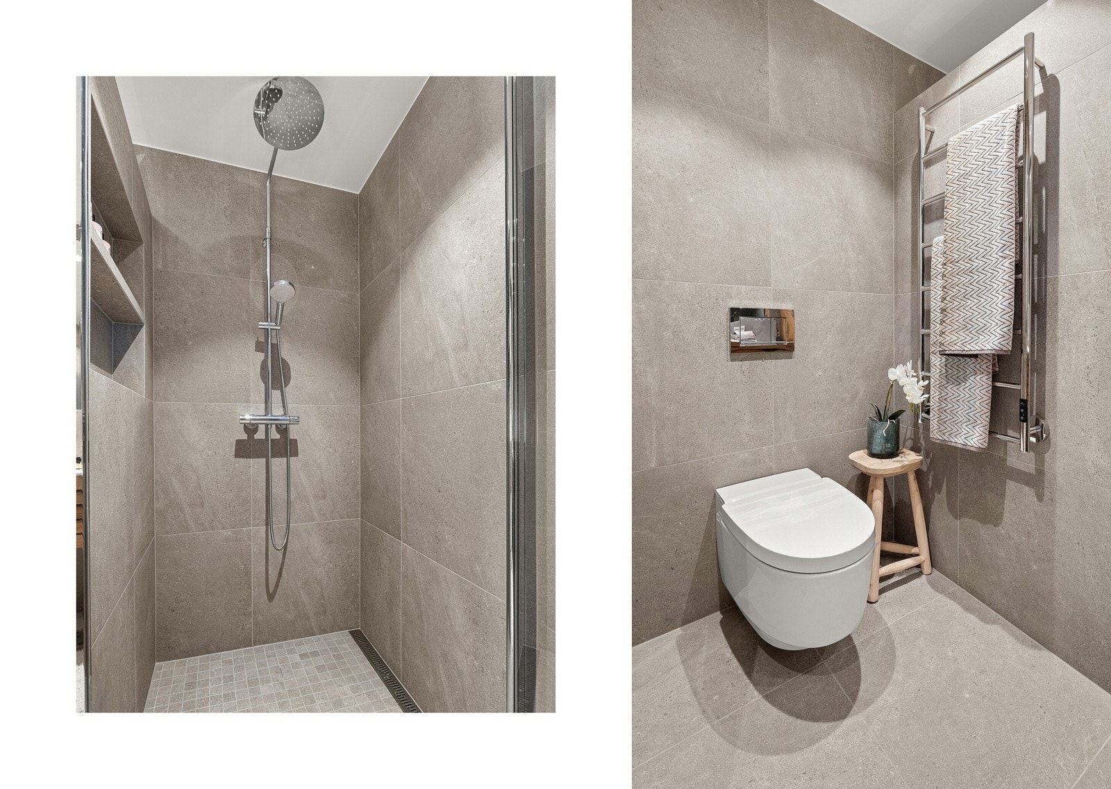 Dusjnisjen er romslig med innfelte hyller for såpe. Baderommet har behagelig gulvvarme og balansert ventilasjon Galleribilde