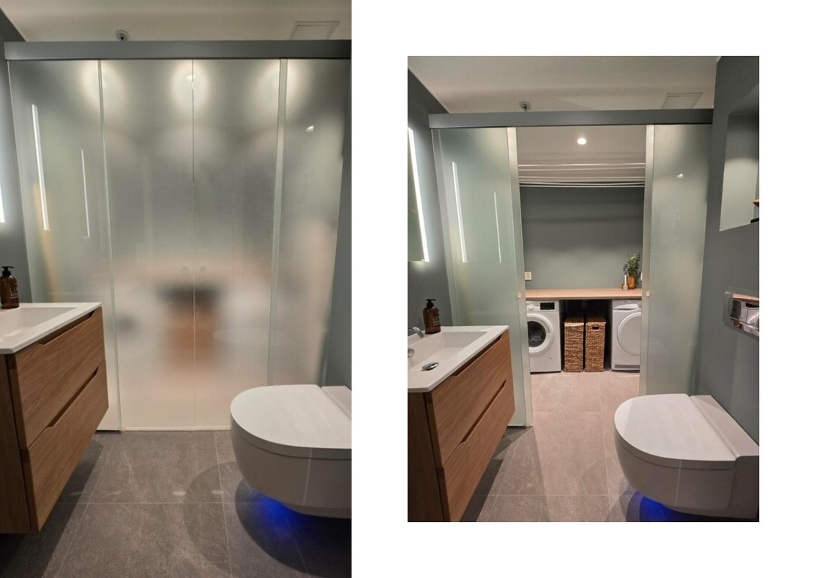 Fra gangen har du videre inngang til et praktisk kombinert gjestetoalett og vaskerom. Badet er utstyrt med servant/skap, Geberit veggmontert spyle/tørk toalett, veggspeil og opplegg til vaskemaskin, samt plass til tørketrommel bak glassdører. Galleribilde