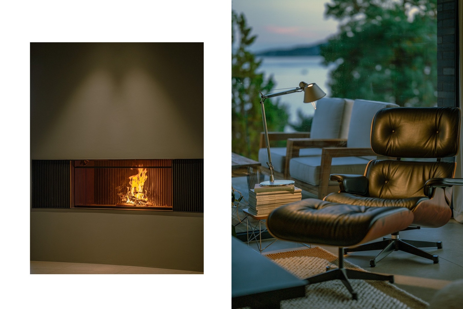 Åpen designpeis med hev-/senk gitterdør (Brunner Urfeuer) som gir både varme og en eksklusiv atmosfære. Galleribilde