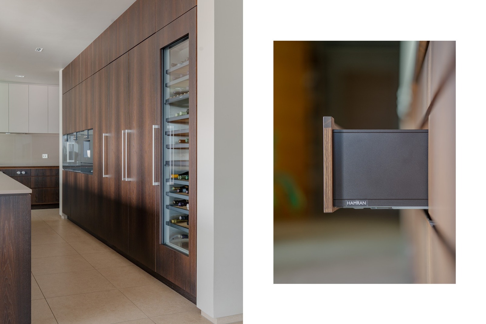 Det integrerte vinskapet gir både et eksklusivt preg og praktisk lagring for vinentusiasten. Galleribilde