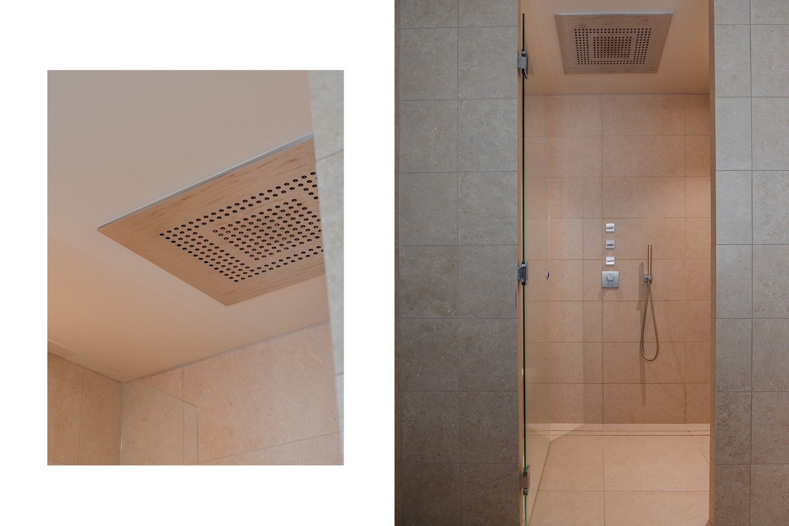 Stor dusjnisje, hånddusj og stor regnfall dusj fra himling. Galleribilde