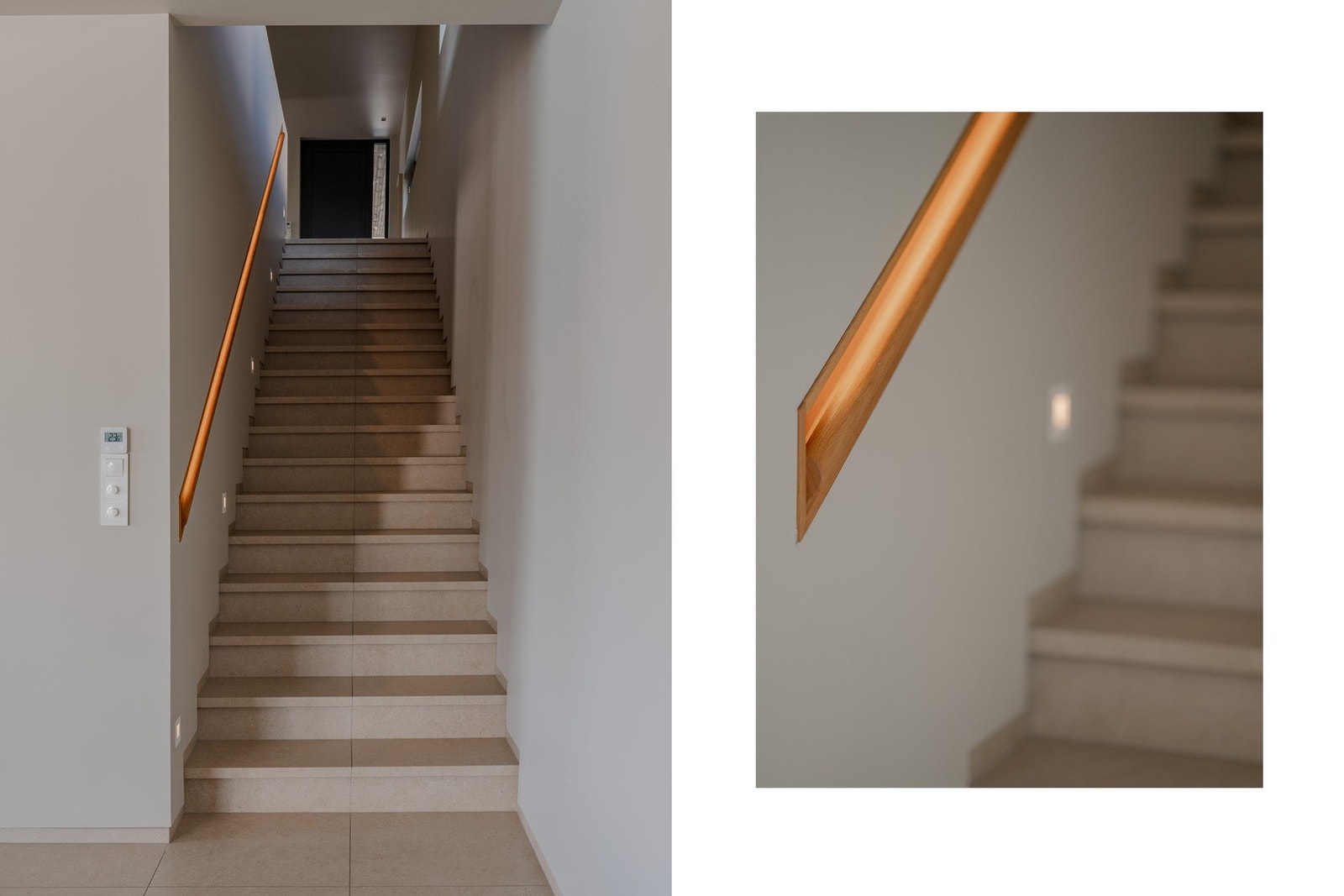 Trapp mellom etasjene er med flislagt trappeløp. Håndløper er innfelt i vegg og er lyssatt. Downlights fra vegg til trappetrinn. Galleribilde