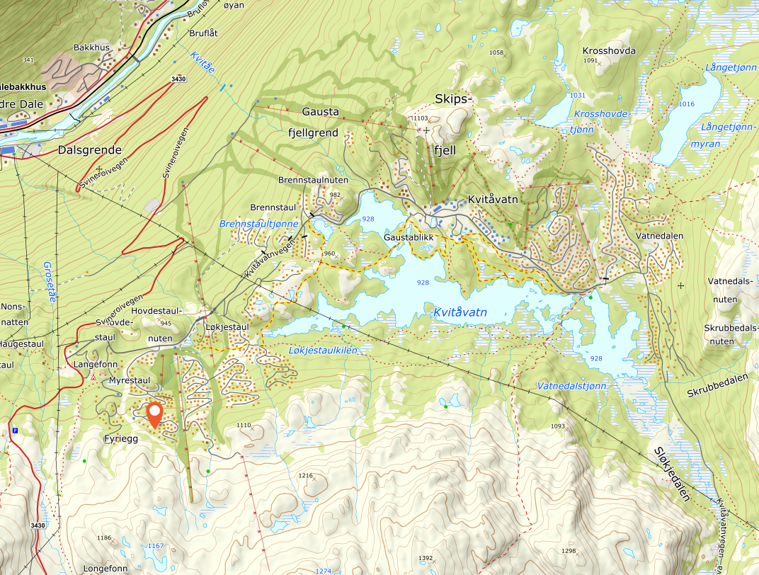 Oversiktskart - Se markering for hytta sin beliggenhet. Mørkegrønne områder er alpinbakker. Røde streker med firkanter på er skiheiser. Galleribilde