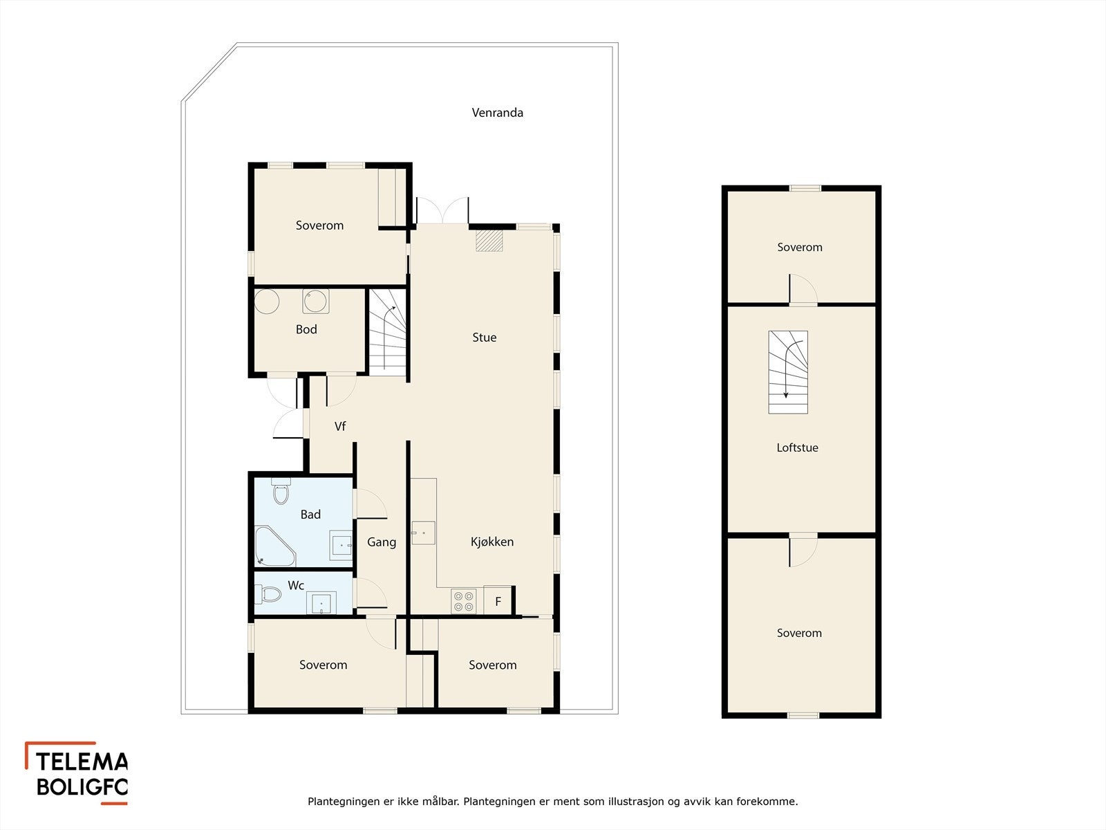 Plantegning av hytta. Legg merke til den store uteplassen som strekker seg rundt nesten hele hytta. Galleribilde