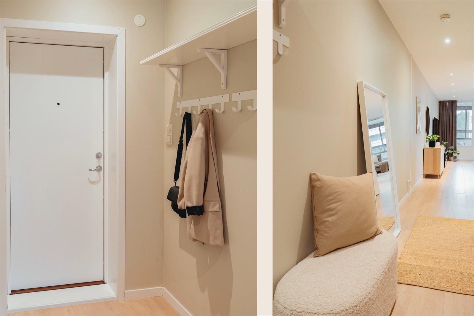 Pene farge- og materialvalg gir et godt førsteinntrykk. Her er det god plass til oppbevaring av yttertøy og sko. Galleribilde