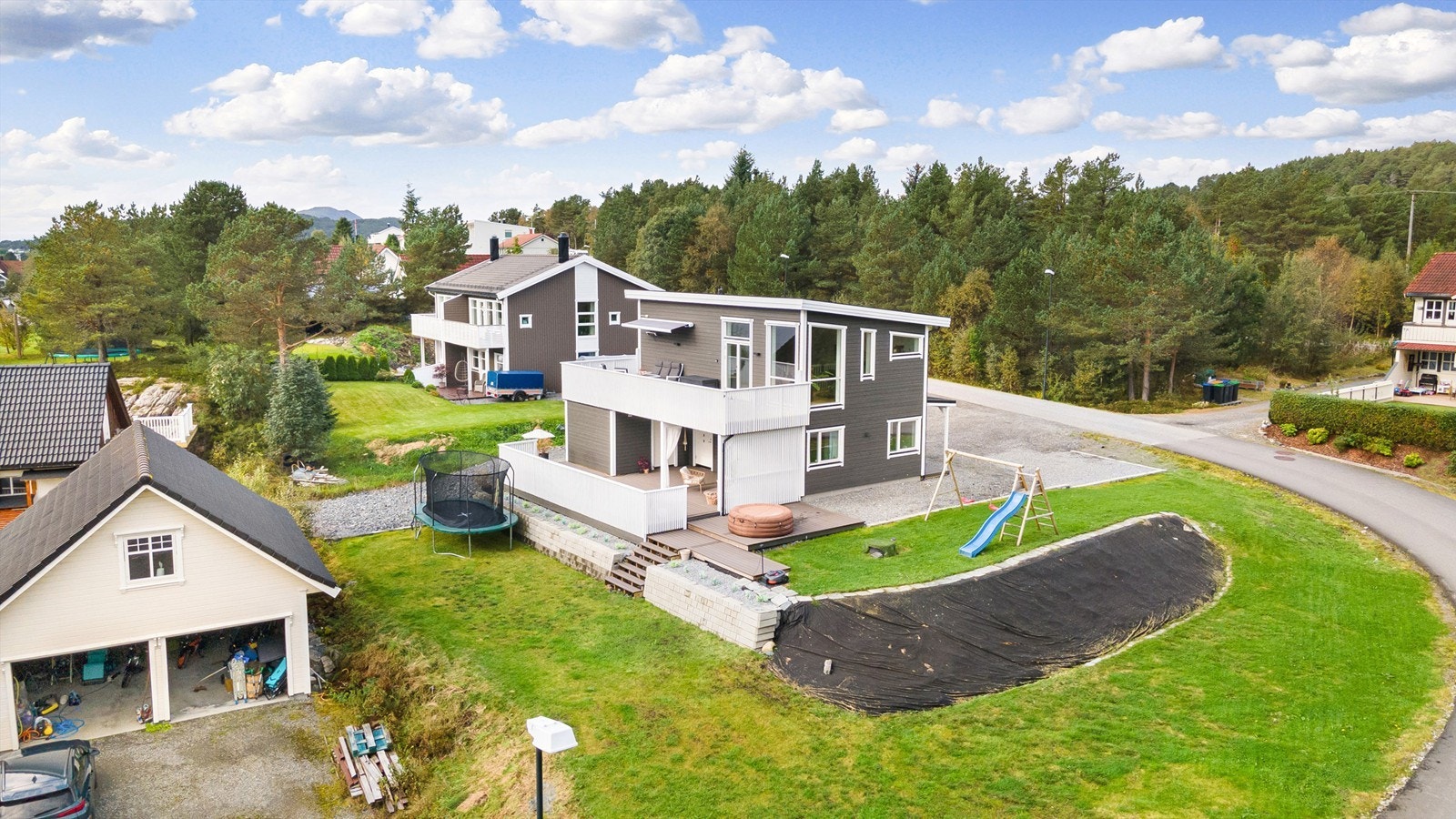 Dronebilde av fasade og hage tatt fra sydøst Galleribilde