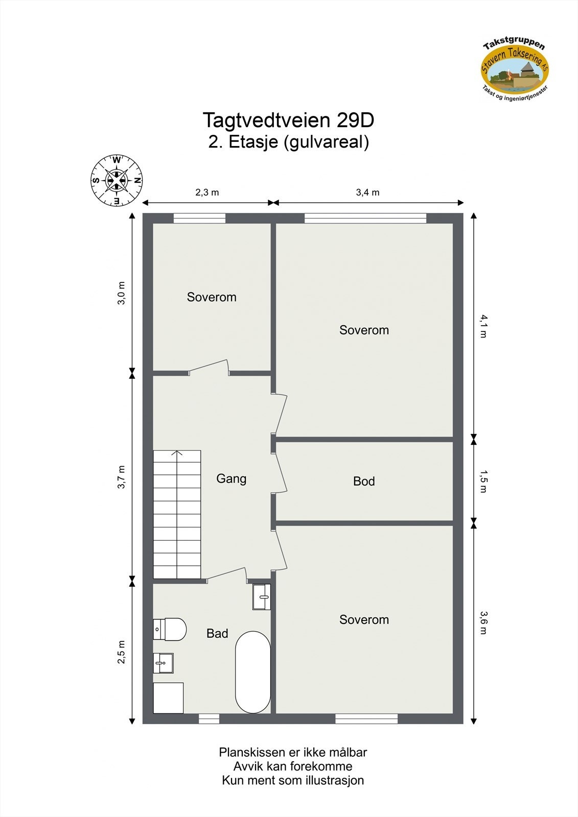 Andre etasje består av tre soverom, en bod, gang og et kombinert bad og vaskerom. Galleribilde