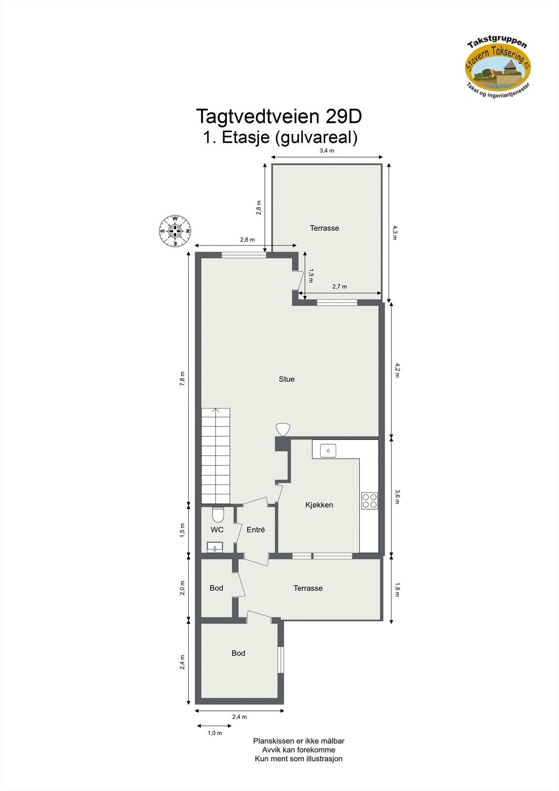 Plantegningen for første etasje viser en funksjonell planløsning med entré, toalettrom, kjøkken og stue. Galleribilde