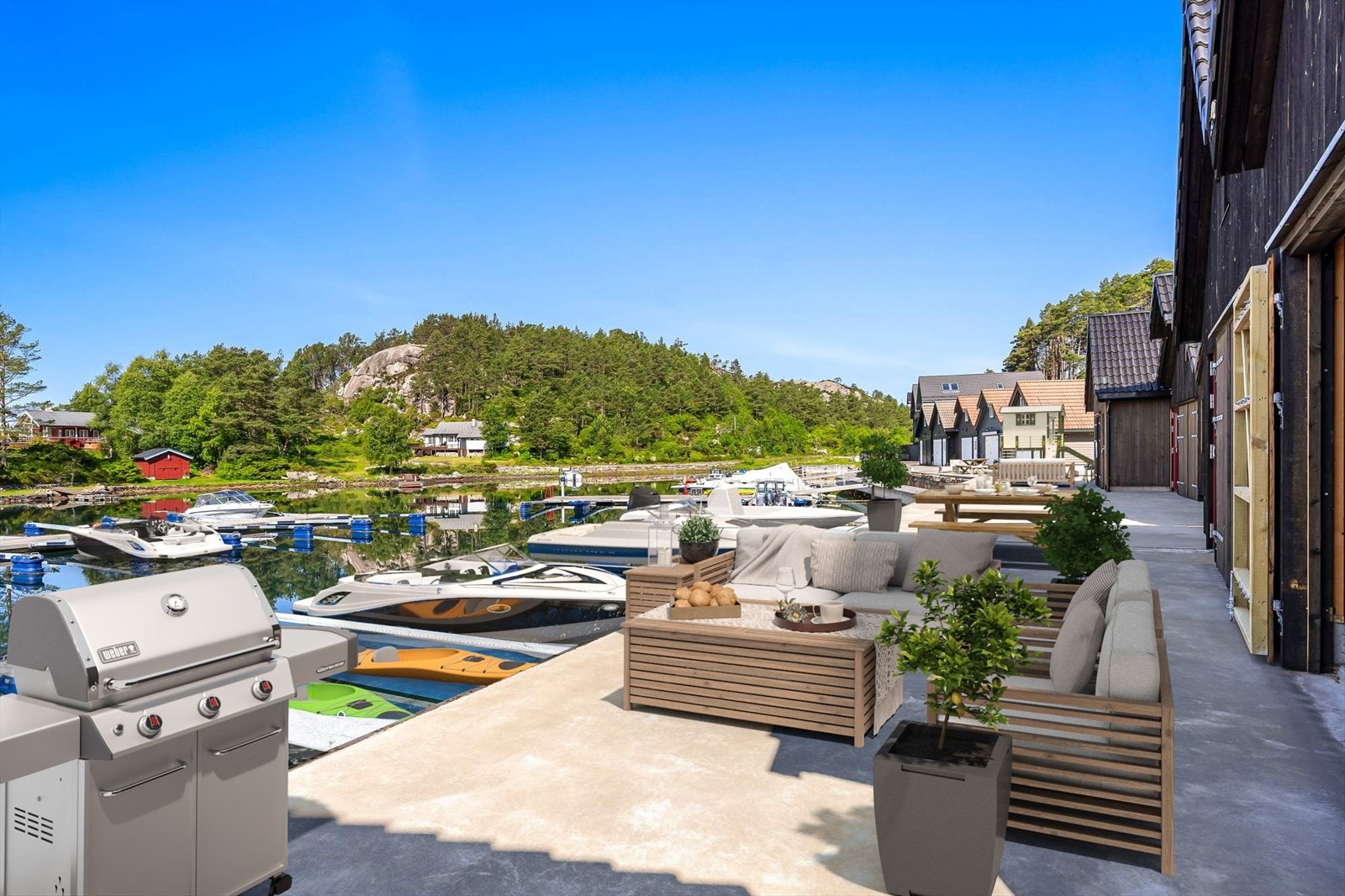 Naustene selges inkl. båtplass i front (3D møblert) Galleribilde