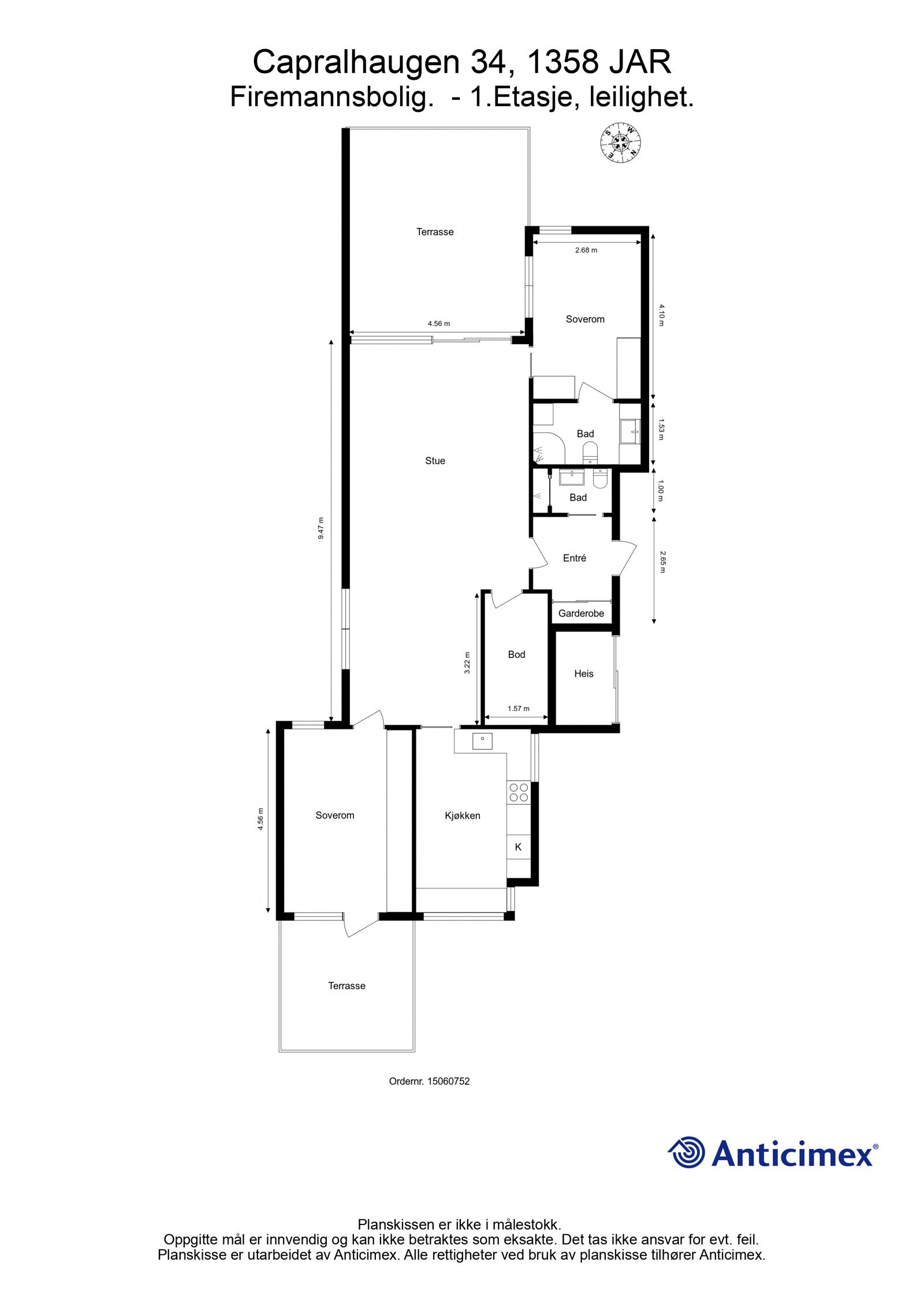 Plantegning. Leiligheten består av entre, to bad, to soverom, innvendig bod, stue og separat kjøkken. Galleribilde