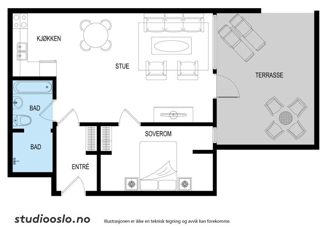 Plantegning. Kjøkkenet ser noe annerledes ut enn her. Galleribilde