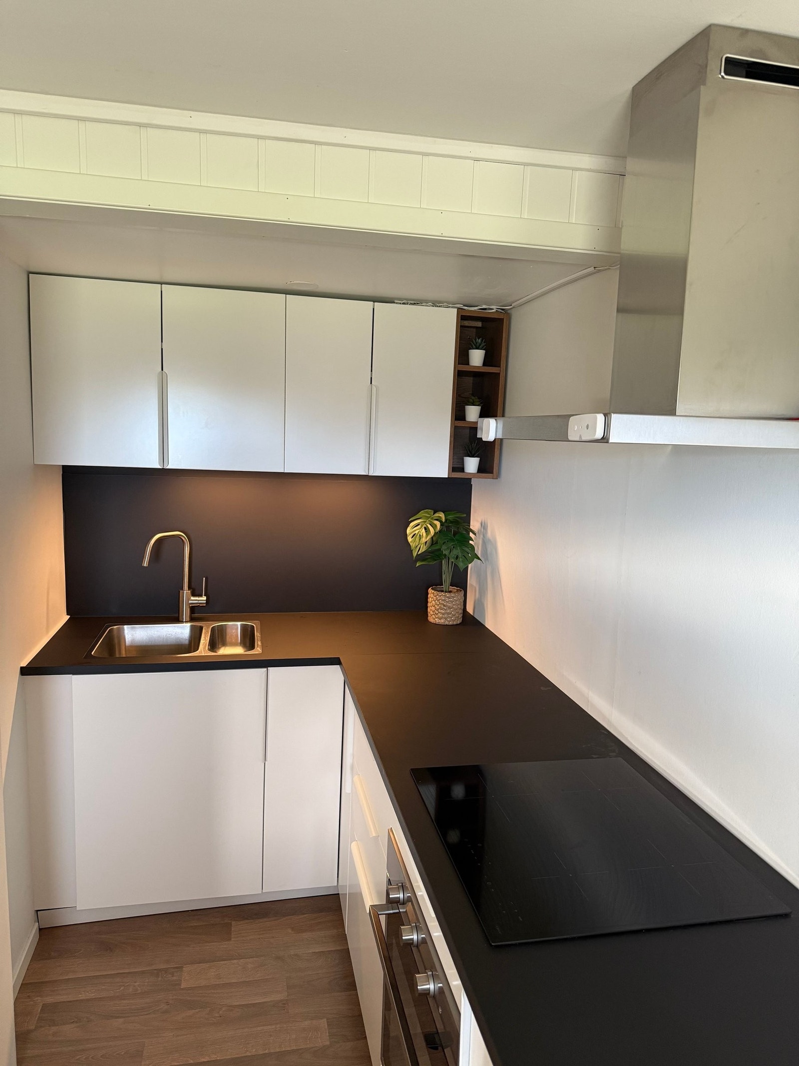 Nytt kjøkken satt inn i 2023. Utstyrt med kokeplate, komfyr, kjøkkenvifte, kjøleskap og vask. Galleribilde