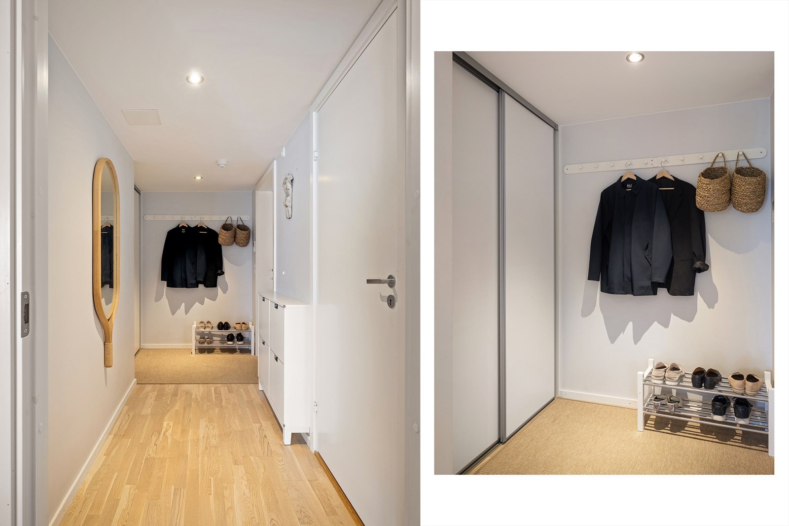 Velkommen inn! Det er god plass til oppbevaring av yttertøy og sko i den romslige skyvedørsgarderoben. I tillegg kan det fint innredes med skohylle og knagger. Galleribilde