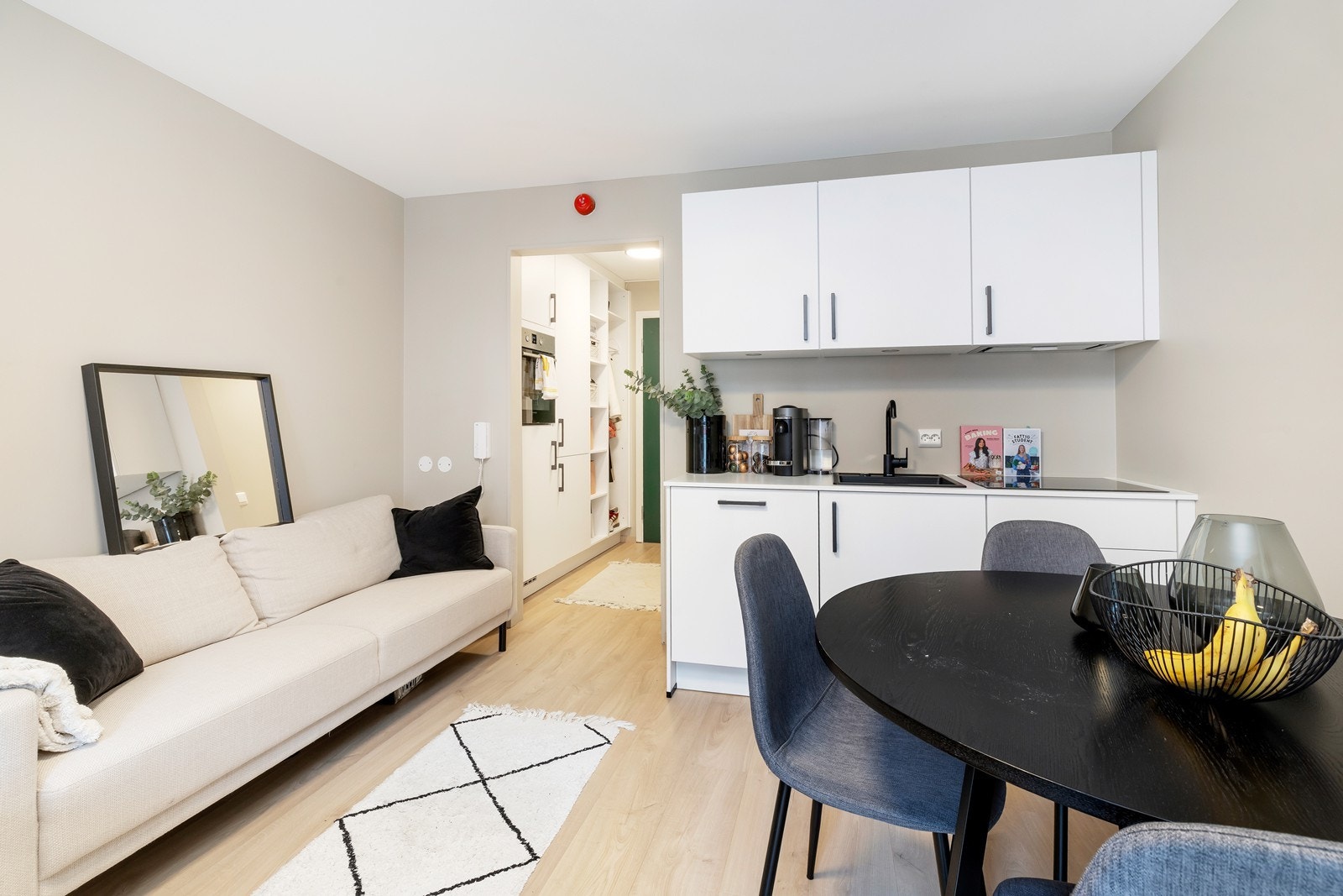 Åpen stue/kjøkkenløsning med plass til sofa og seng samt et spisebord. Galleribilde