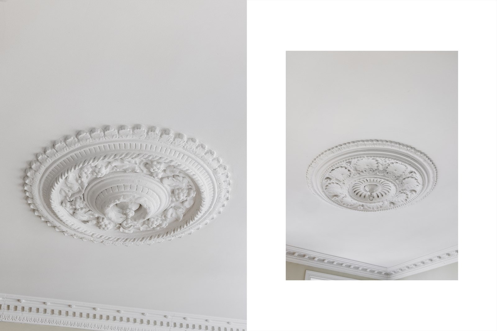 Klassiske detaljer som stukkatur, rosett og brede vinduskarmer setter en tidløs ramme rundt hjemmet, mens moderne standard gir komfort i hverdagen. Galleribilde