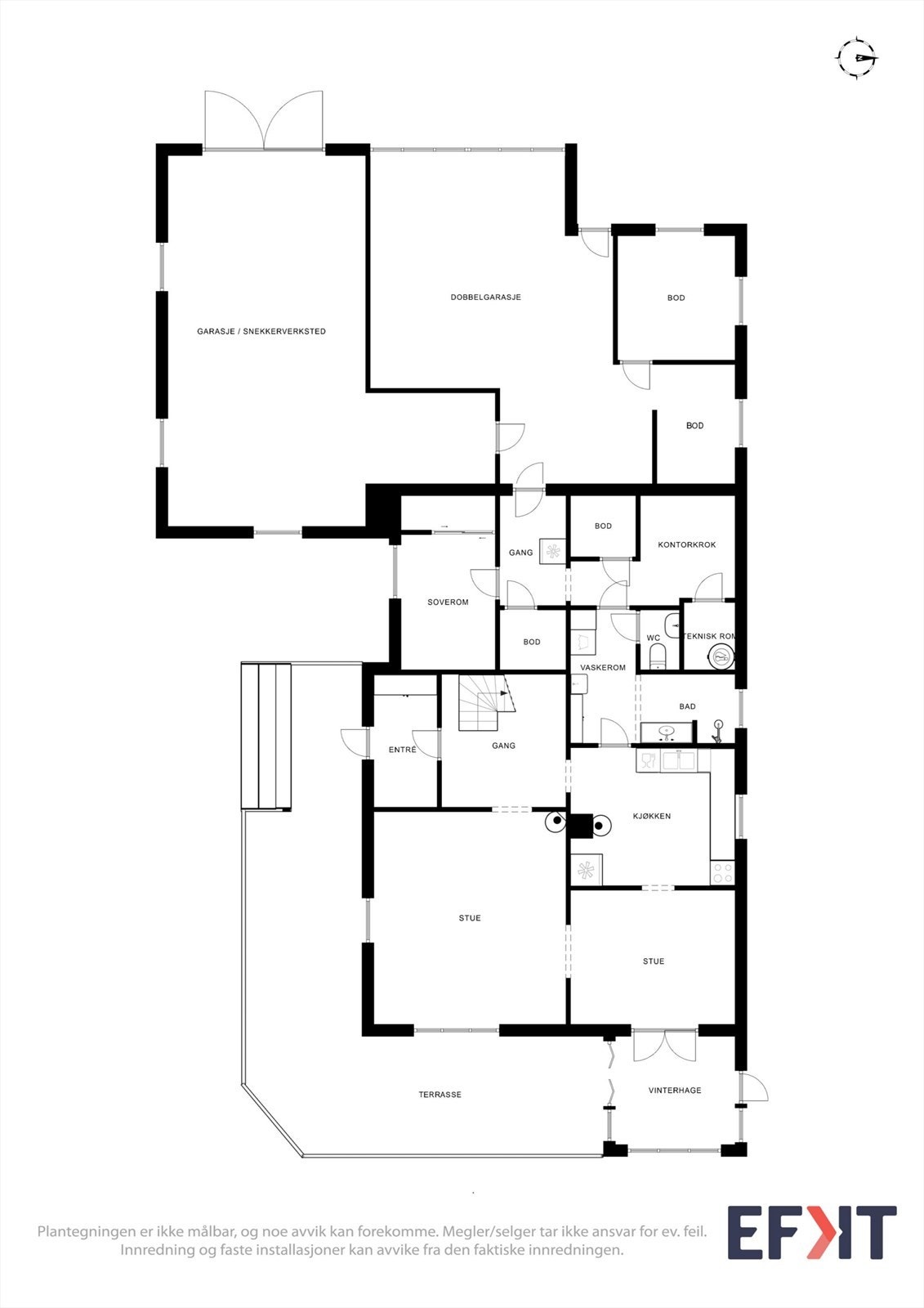 Første etasje med stue, kjøkken, soverom og direkte adkomst til garasje/verksted. Galleribilde