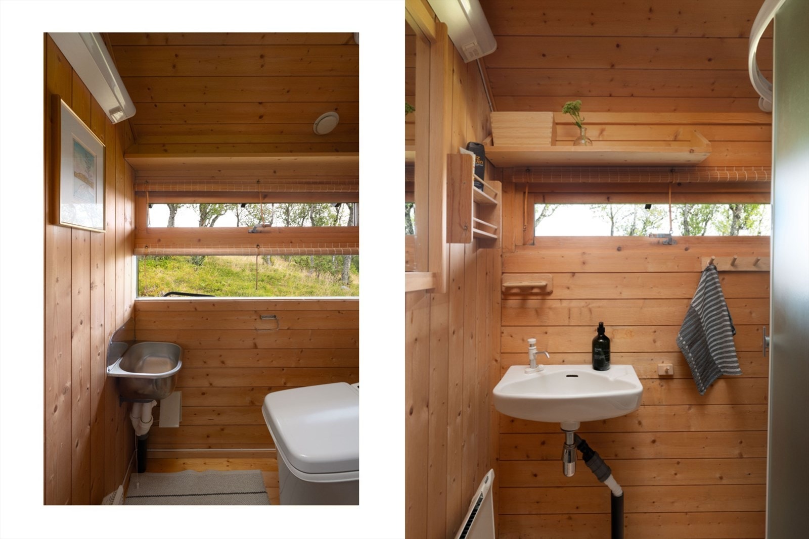 Toaletttom med Cinderella forbrenningstoalett og badrom med vask og dusjkabinett Galleribilde