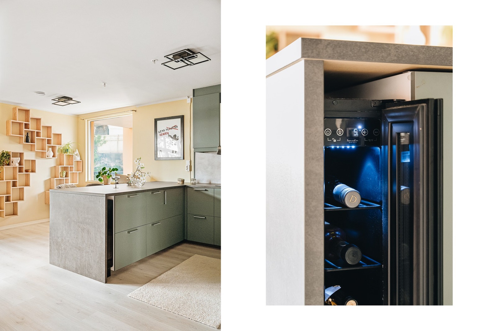 Praktisk løsning med vinskapet på kjøkkenet. Galleribilde