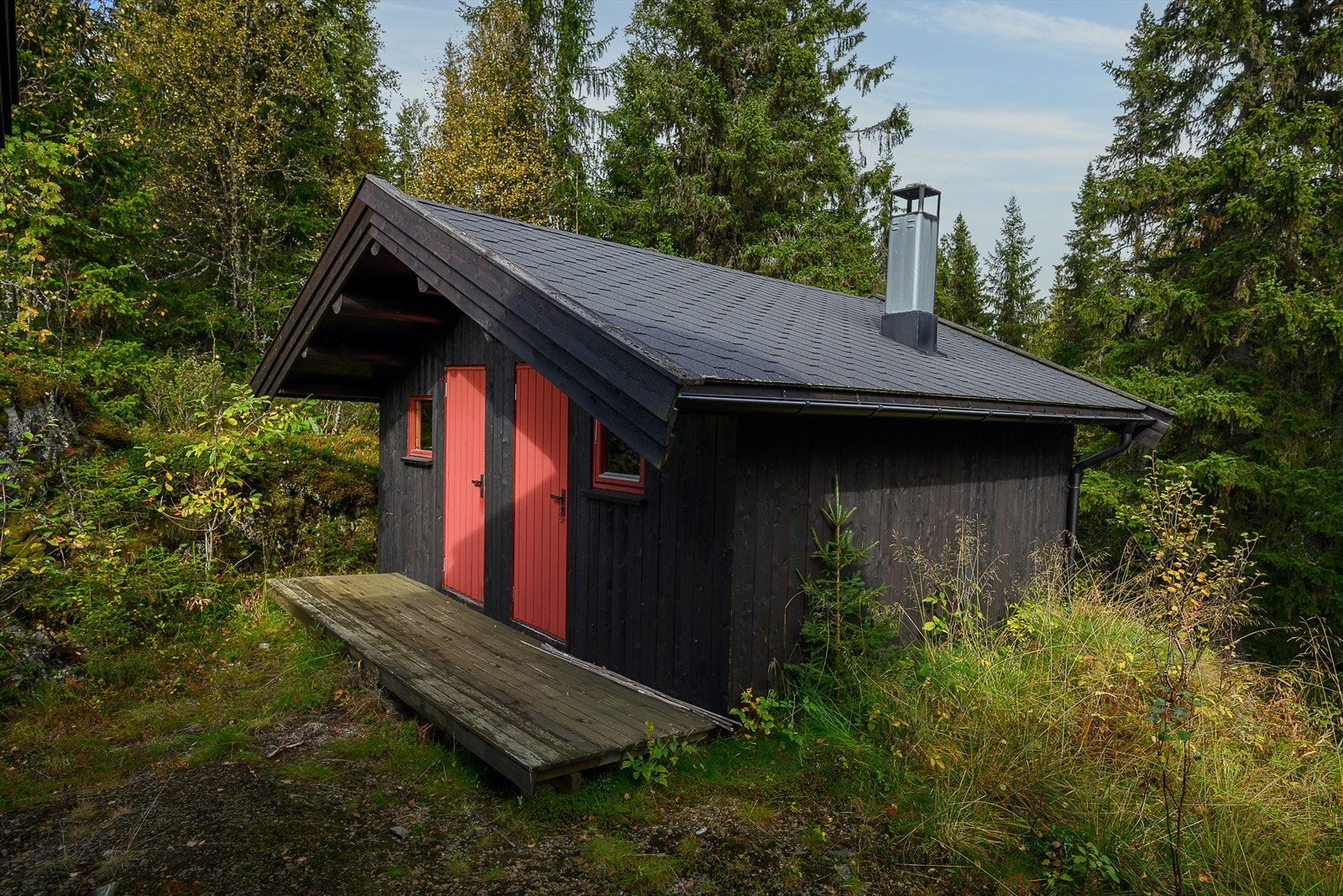 Uthus med hyttedusj med fotpumpe og vedfyrt badstue i ene halvparten av bygget. Bod og rom med mulldo i den andre halvparten. Galleribilde