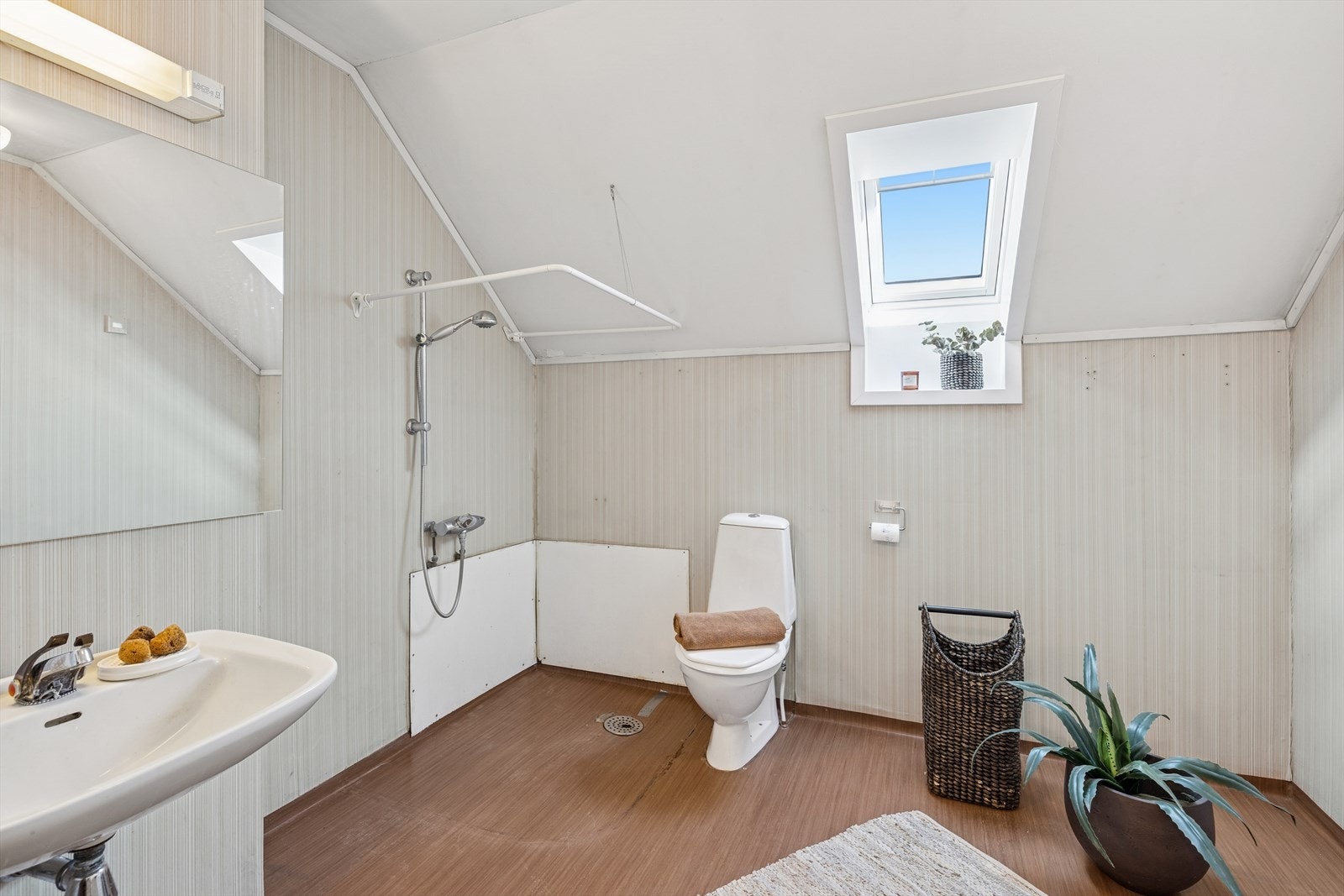 Her finnet du dusjhjørne, toalett, opplegg for vaskemaskin og servant med speil over Galleribilde