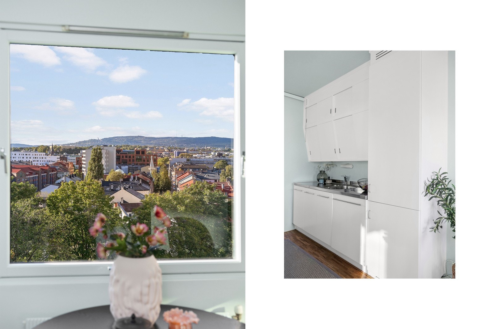 Flott utsikt fra spiseplass på kjøkken Galleribilde