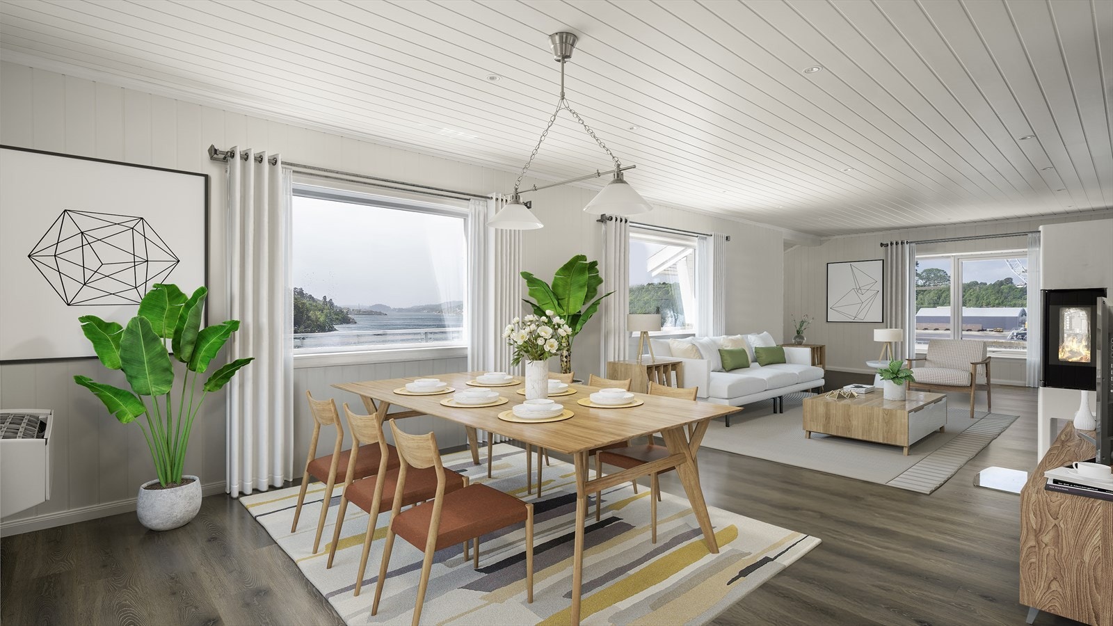 Stuen fremstår som romslig og har lysinnslipp fra flere sider som gir en luftig romfølelse - bildet er virtuelt innredet Galleribilde