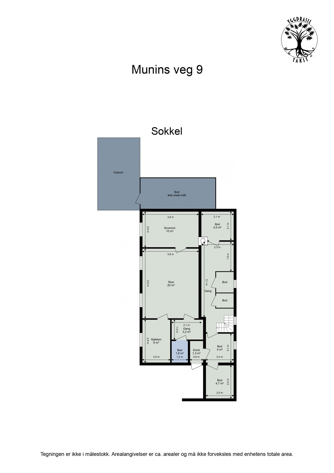 Planskisse sokkeletasje, delt inn i hybeldel og hoveddelens kjeller. Galleribilde