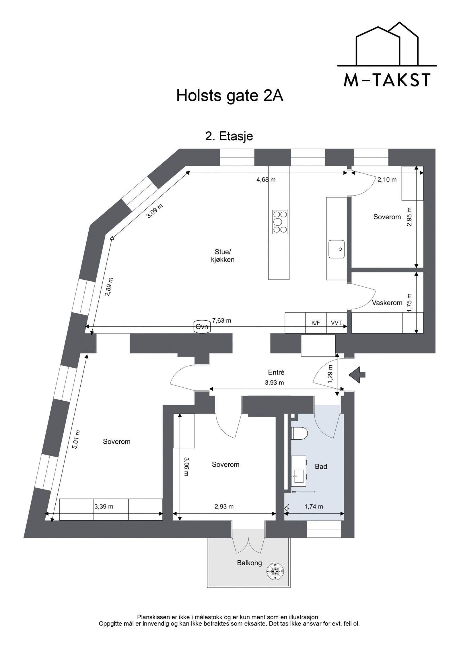 Plantegning - Holsts gate 2A - 2. Etasje. Leiligheten disponerer to loftsboder med skråtak og et gulvareal på ca. 4,7 m2 og 5,3 m2 Galleribilde