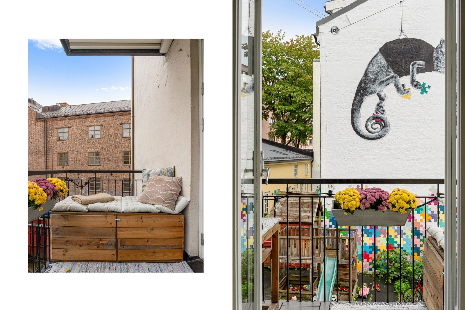 Plass til sittegruppe og grill. Utsyn mot bakgård, som er opparbeidet med planter og trær. Galleribilde