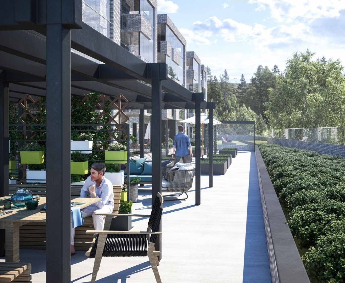 Takhage sett mot øst med uteplass nedenfor leiligheten med blomsterkasser. Bilde er laget av Shark arkitekter Galleribilde