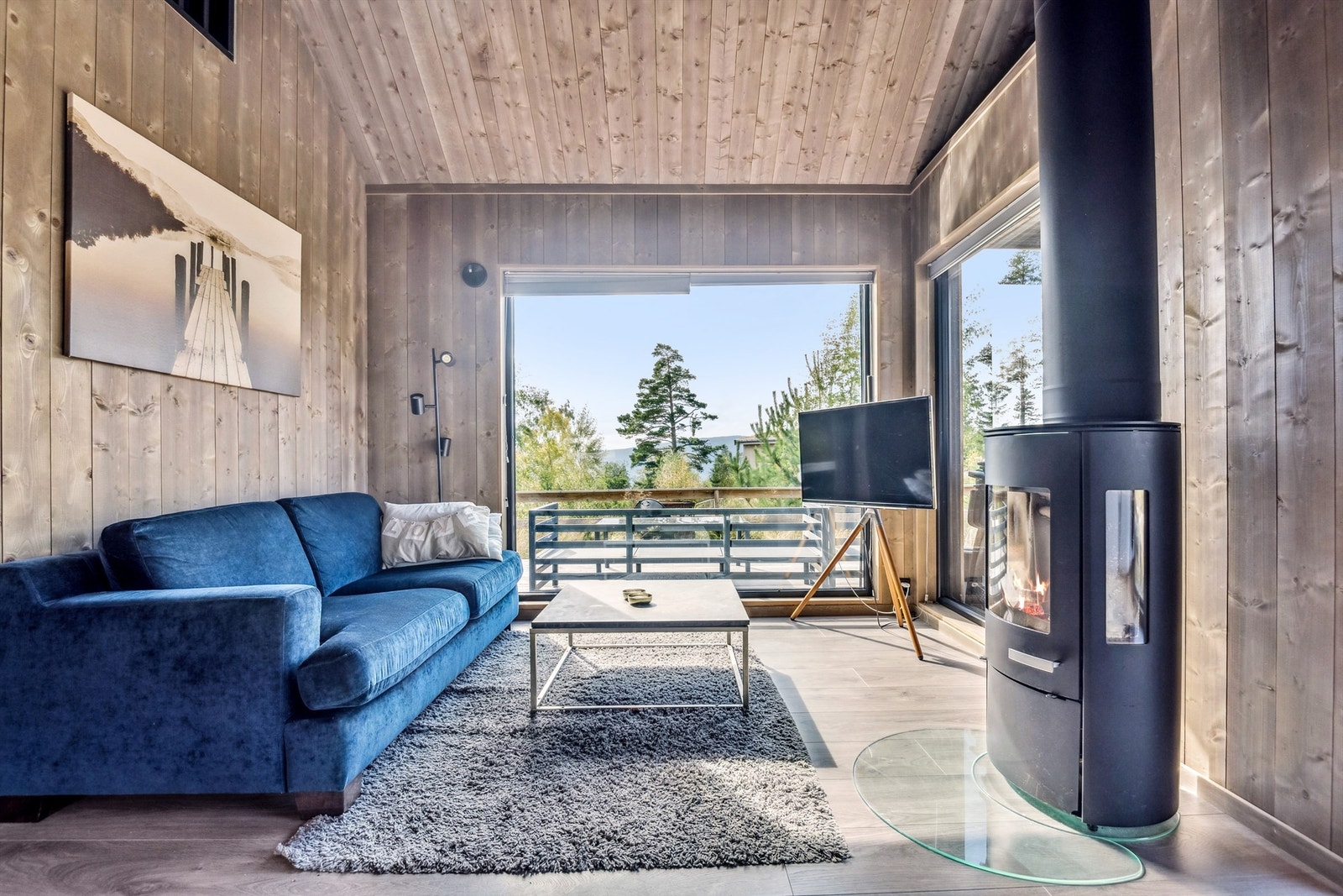 Lys og fin stue med peisovn som varmer godt på kjølige vinterdager. Galleribilde