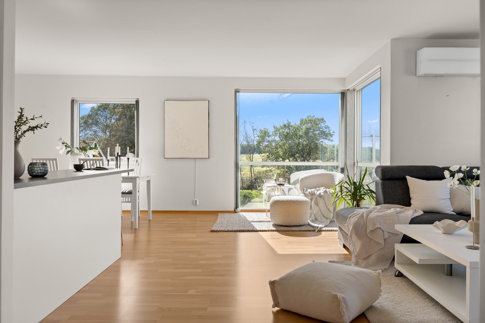 På stuen er det innmontert en praktisk varmepumpe. Varmepumpe gir økt komfort og lavere strømkostnader. Varmer vinterstid, kjøler sommerstid. Galleribilde