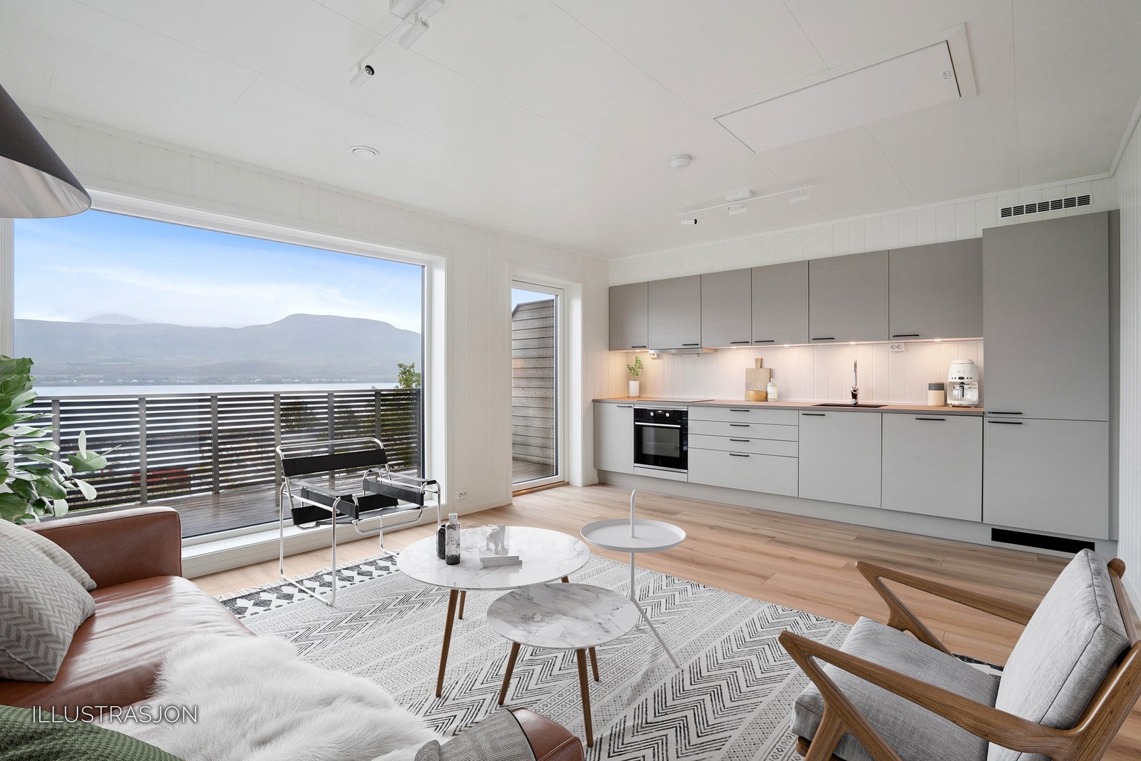 Stue og kjøkken ligger i front av leiligheten ( (bildet er digitalt møblert). Galleribilde