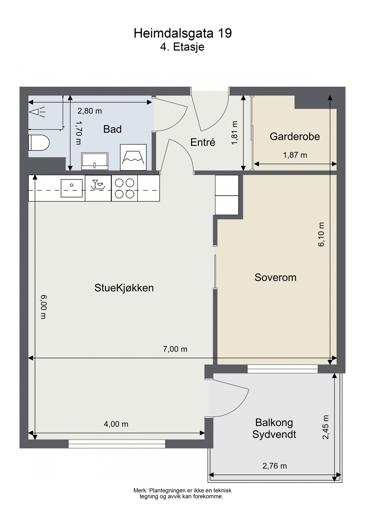 Plantegning. Leiligheten disponerer en kjellerbod på 3 kvm. Galleribilde