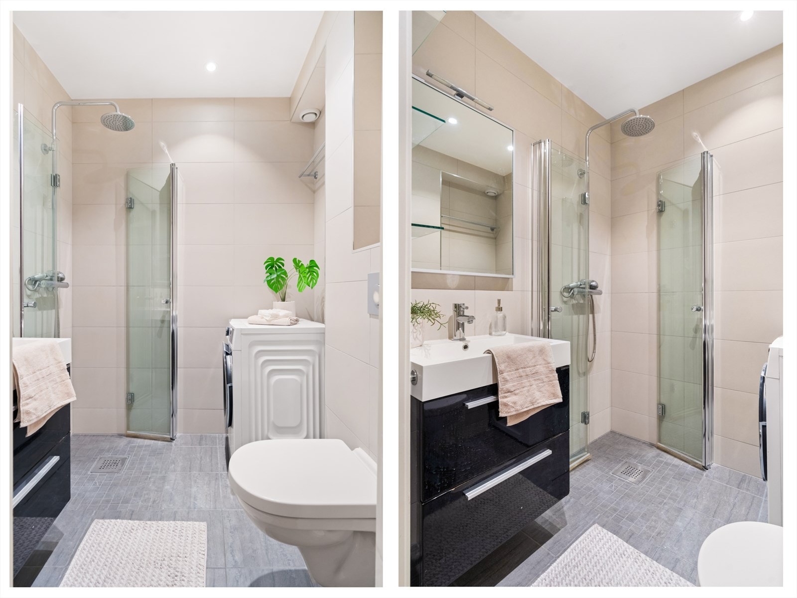 Delikat flislagt baderom med elektrisk gulvvarme og stilige downlights i himlingen. Termostaten til varmekablene ble oppgradert i 2019. Galleribilde