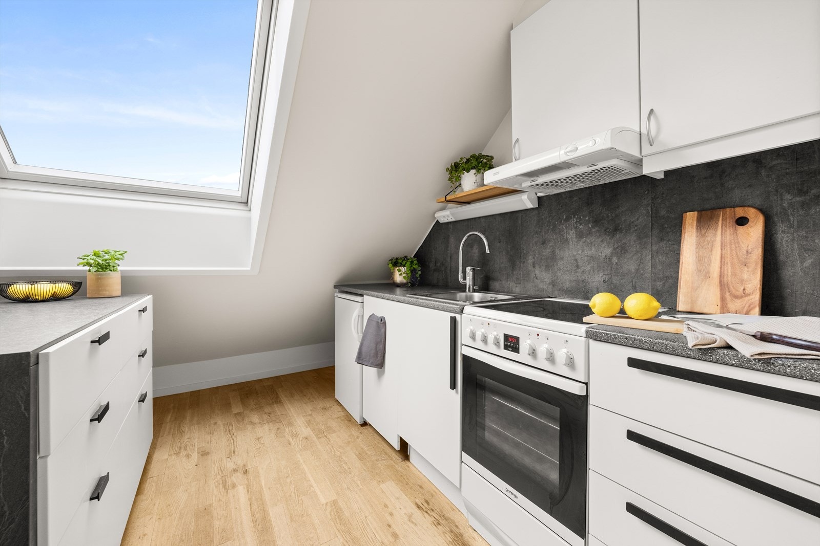 Kjøkkenet er utstyrt med hvitevarer som komfyr, kjøleskap og oppvaskmaskin som medfølger salget Galleribilde