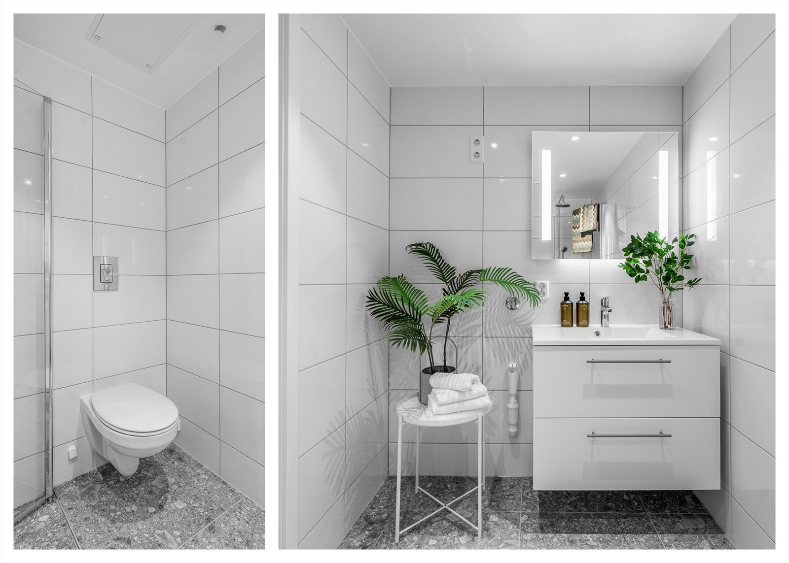 Fra hovedsoverommet har du direkte tilgang til et stilfullt, flislagt bad med elektriske varmekabler. Badet er utstyrt med servantinnredning, dusj og vegghengt toalett. Det er opplegg og plass for vaskemaskin Galleribilde