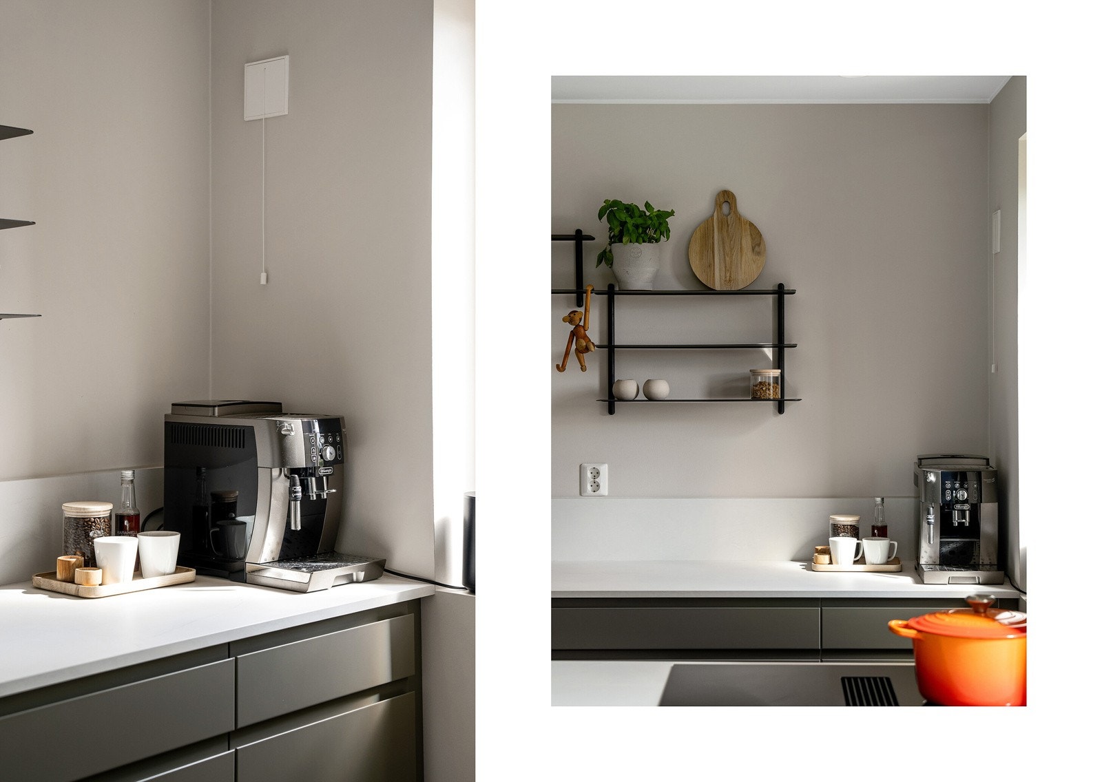 Det er integrerte hvitevarer i form av stekeovn, oppvaskmaskin, kombiskap og platetopp med integrert avtrekksvifte - en elegant og plassbesparende løsning. Galleribilde