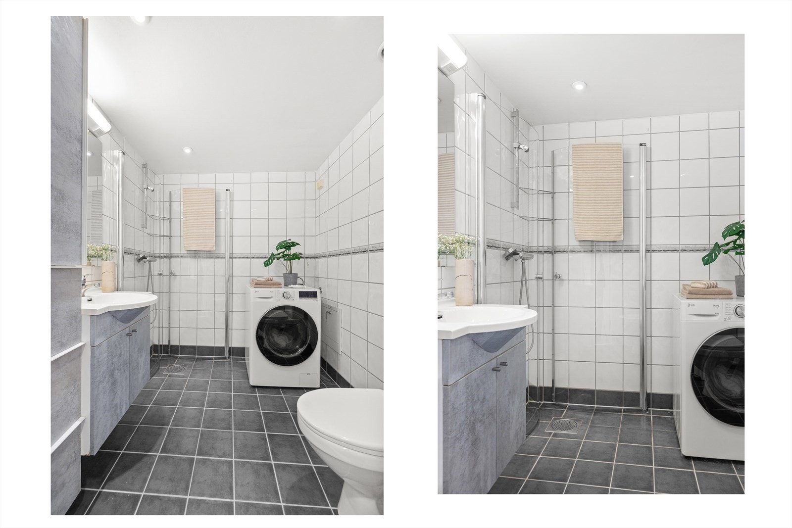 Badet inneholder dusjhjørne med innfellbare glassdører, gulvstående toalett og baderomsinnredning med skap, servant med ett-greps blandebatteri, speil på vegg og belysning. Det er opplegg for vaskemaskin og mekanisk avtrekk. Galleribilde