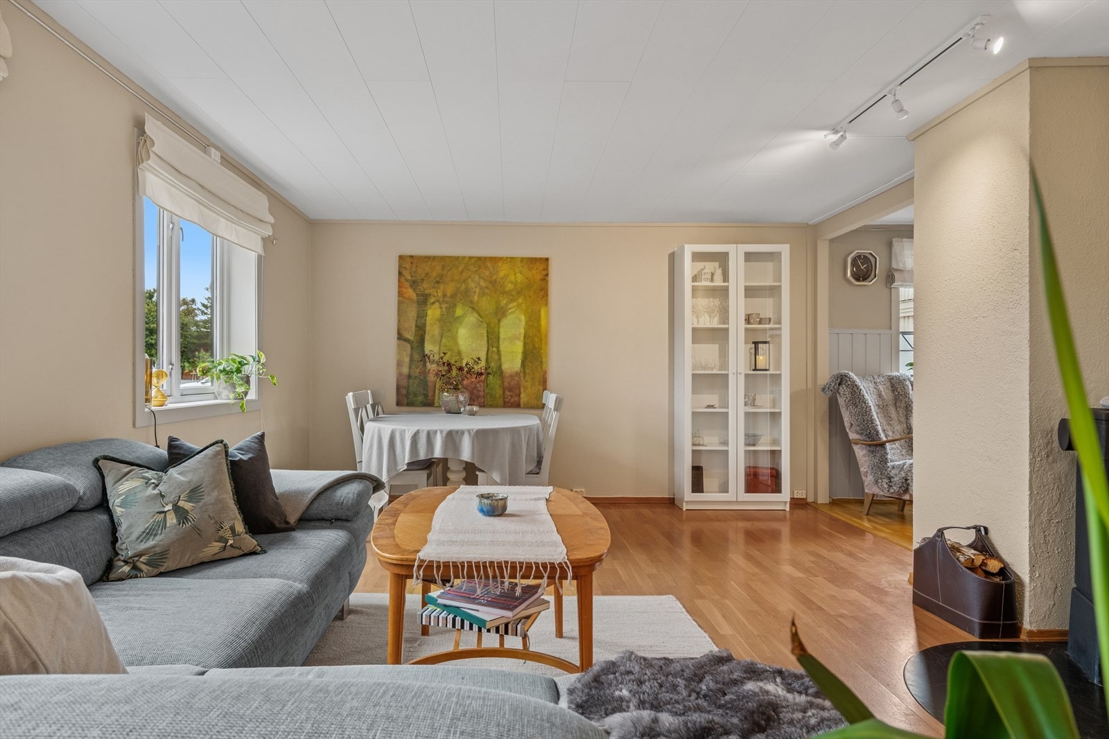 Stuen er utført i varme, innbydende fargetoner som skaper en behagelig atmosfære og de to moderne spott-skinnene sørger for rikelig med lys Galleribilde