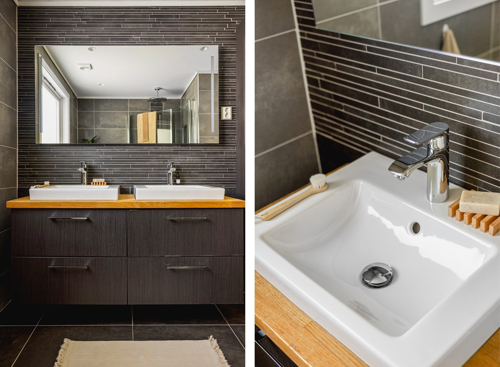 Skuffeinnredning med overliggende servant, dusjhjørne og veggmontert toalett. Galleribilde