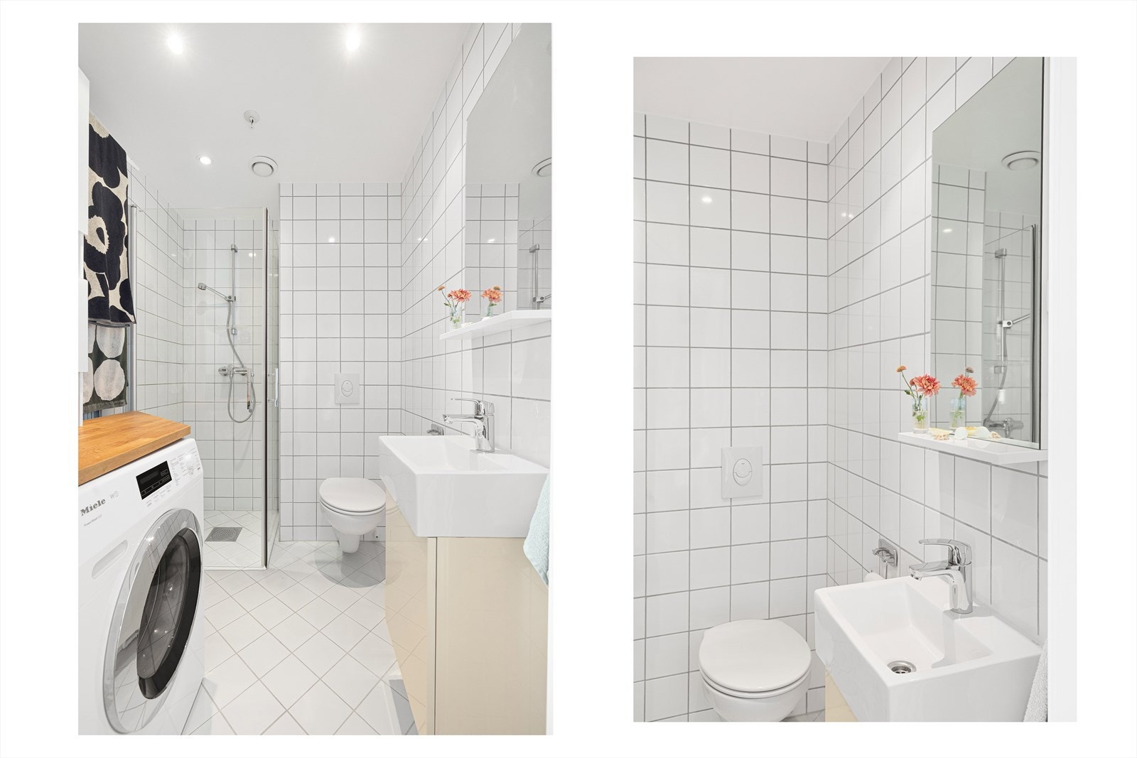 Badet har flislagte overflater, elektriske varmekabler og downlights i himling. Badet inneholder dusjhjørne med innfellbare dører, vegghengt toalett og baderomsinnredning med skap, servant og speil på veggen. Opplegg for vaskemaskin. Galleribilde