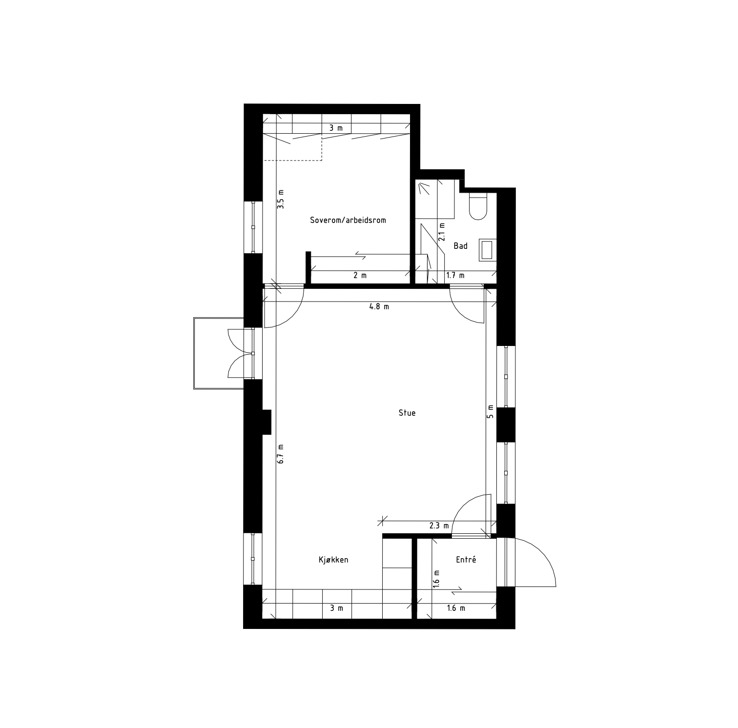 Plantegning. Tegningen er basert på as-built tegninger fra Plan-og bygningsetatens saksinnsyn. Faktiske målinger på stedet kan avvike og målene er ikke juridisk bindende. Galleribilde