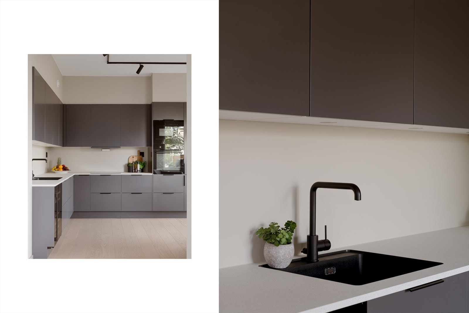 Hvitevarene fra Siemens er integrerte og består av platetopp, stekeovn, mikrobølgeovn, oppvaskmaskin, vinskap og kjøle/fryseskap. Galleribilde