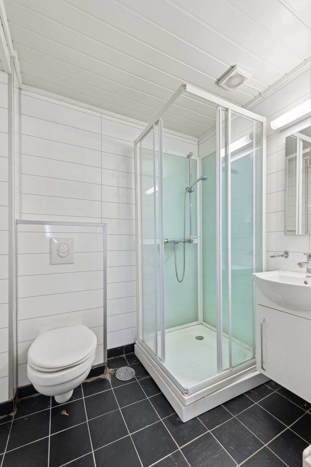 Badet i hybelleiligehten består av speil, servant med seksjon, dusjkabinett og veggmontert toalett. Galleribilde