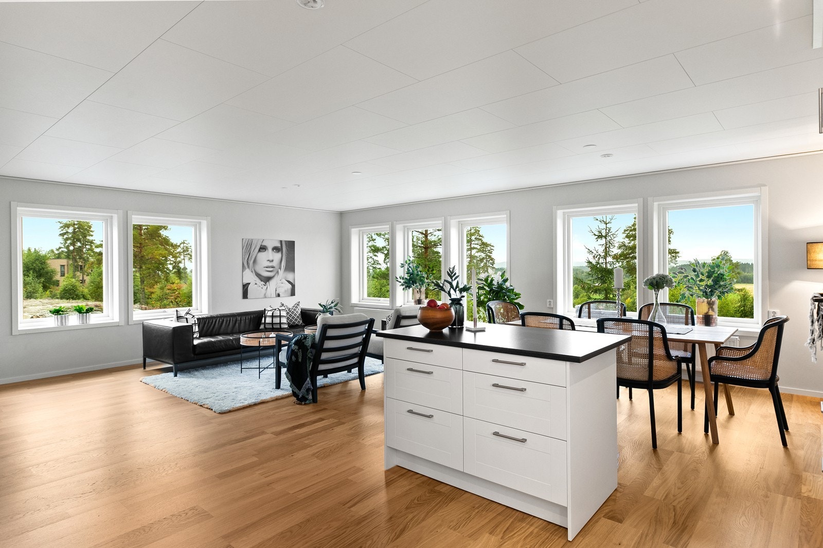 Stue med god plass til spisestue og sittegruppe. Galleribilde