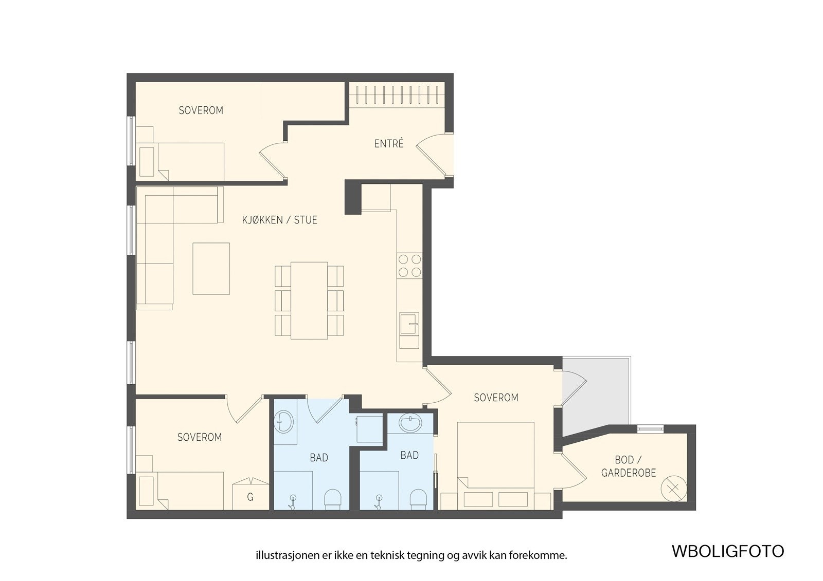 Alternativ planløsning med tre soverom Galleribilde